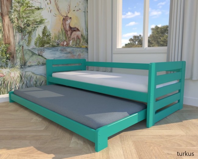 turkusowe łóżko dla rodzeństwa Zuzia Low drewniane łóżko wysuwane podwójne niskie dla najmłodszych, łóżko ze zdejmowalną barierką od producenta Valor Meble.jpg