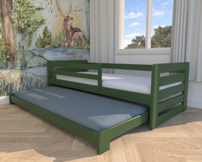 niskie łóżko dla dwulaków łóżko dla rodzeństwa Zuzia Low  niskie łóżko wysuwane dla dwóch osób od od producenta Valor Meble  kolor butelkowa zieleń z barierka.jpg