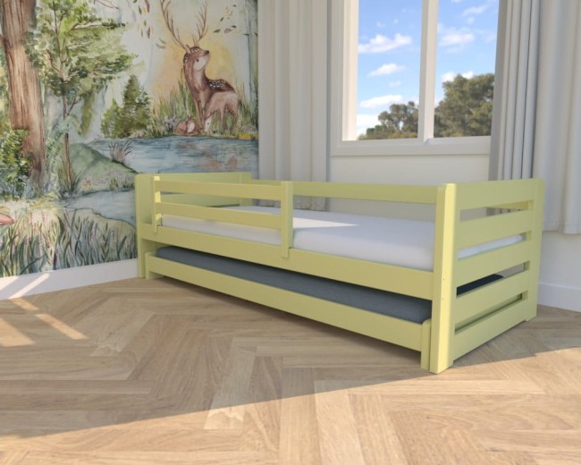 łózko dla chłopców, Zuzia Low drewniane  łóżko sosnowe od producenta Valor Meble, wysuwne łóżeczko podwójne żółte łóżko dla rodzeństwa.jpg