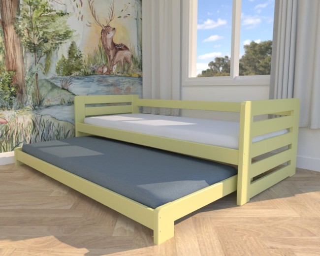 niskie łóżko podwójne rozsuwane dla najłodszych Zuzia Low od producenta Valor Meble drewniane łóżeczko rozsuwane z zabezpieczeniem żółte.jpg