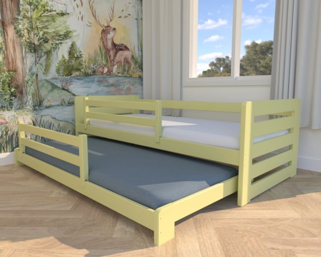 niskie łóżko podwójne wysuwane dla najmłodszych Zuzia Low od producenta Valor Meble drewniane łóżeczko rozsuwane z zabezpieczeniem żółty kolor.jpg