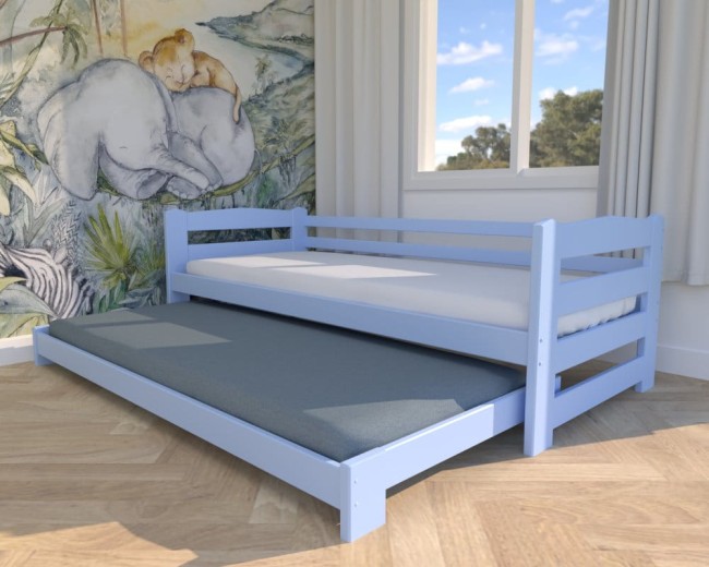 błękitne łóżko rozsuwane Sara Low niskie łóżko dla najmłodszych idelane łózko dla dwulatka, dwuosobowe łóżko dla rodzeństwa od Valor Meble.jpg