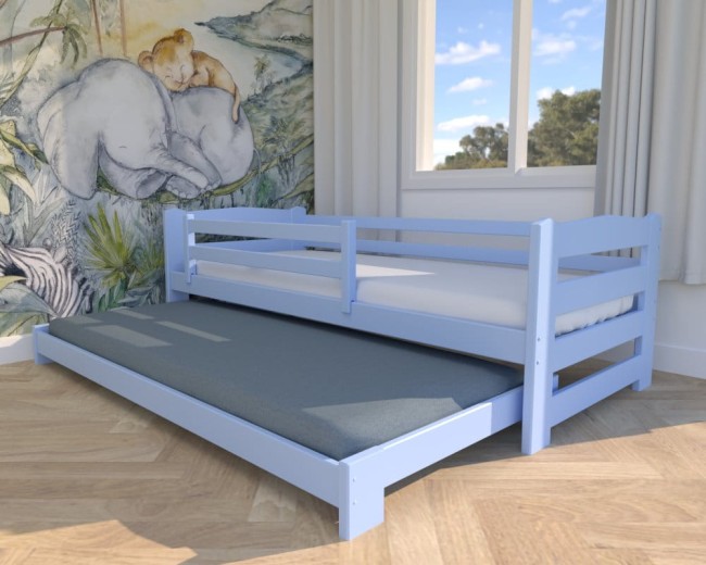 łóżko dziecięce Sara Low niskie łóżko rozsuwane dla najmłodszych idelane łózko dla dwulatka, łóżko w kolorze błękitnym dla rodzeństwa od Valor Meble.jpg