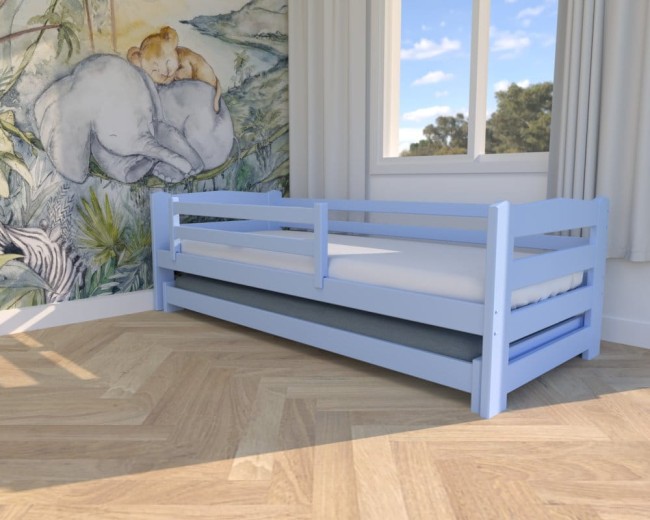 łóżko rozsuwane dwuosobowe Sara Low niskie łóżko dla najmłodszych idelane łózko dla dwulatka, łóżko w kolorze błękitnym dla rodzeństwa od Valor Meble.jpg