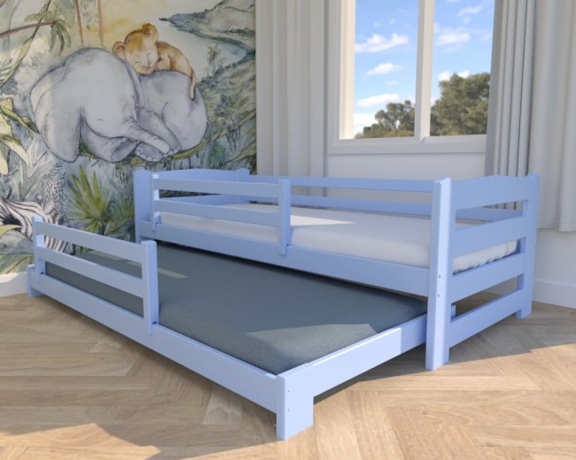 łóżko rozsuwane Sara Low niskie łóżko dla najmłodszych idelane łózko dla dwulatka, błekitne dwuosobowe łóżko dla rodzeństwa od Valor Meble.jpg