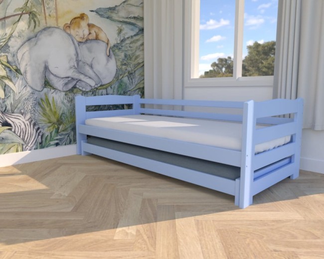 łóżko rozsuwane Sara Low niskie łóżko dla najmłodszych idelane łózko dla dwulatka, dwuosobowe łóżko w kolorze błękitnym dla rodzeństwa od Valor Meble.jpg