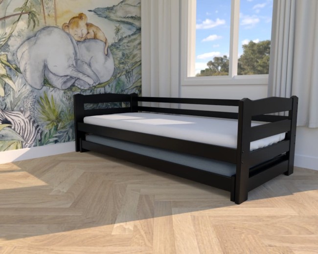 łóżko dziecięce Sara Low, czarne niskie łózko dla dwulatków, idelane łóżko dla rodzeństwa, drewniane łóżko dwuosobowe, łóżko wysuwane od Valor Meble.jpg