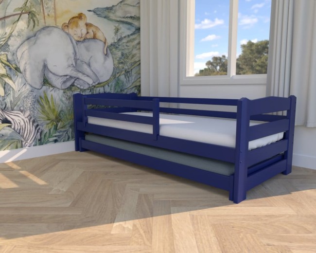 granatowe łóżko dziecięce Sara Low , łóżko podwójne dobre dla dwulatów,niskie  drewniane łóżko rozsuwane od producenta Valor Meble.jpg
