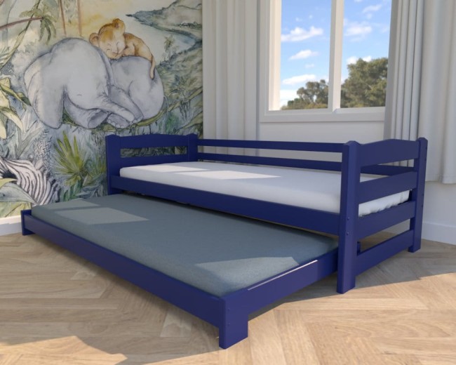 granatowe łóżko dziecięce Sara Low ,niskie  łóżko podwójne dobre dla dwulatów, drewniane łóżko rozsuwane od producenta Valor Meble.jpg