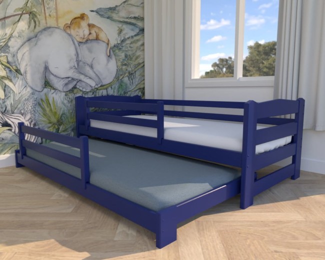 granatowe łóżko dziecięce Sara Low ,niskie  łóżko podwójne dobre dla dwulatów, drewniane łóżko wysuwane od producenta Valor Meble.jpg