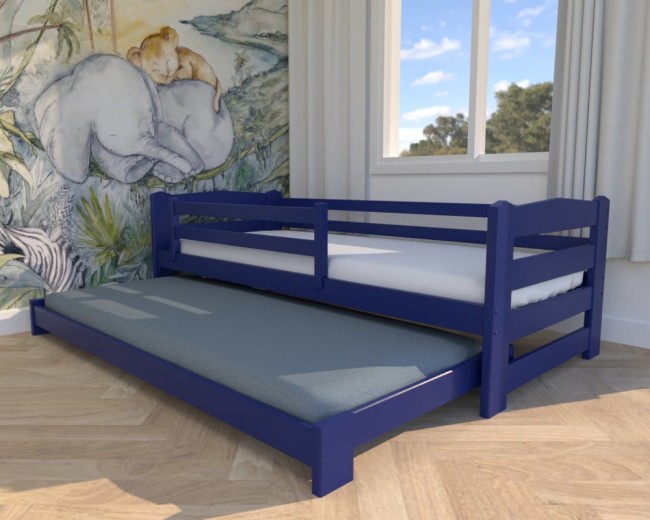 łóżko dziecięce Sara Low ,niskie  łóżko podwójne dobre dla dwulatów, drewniane łóżko wysuwane w kolorze granatowym od producenta Valor Meble.jpg