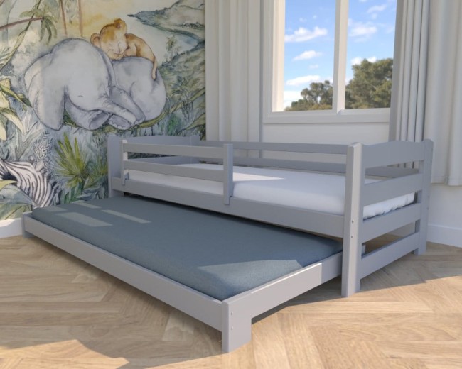 łóżko dziecięce Sara Low, niskie łóżko dla dwulatka,  łózko podwójne, wysuwane łóżko dla rodzeństwa od Valor Meble w kolorze popiel.jpg