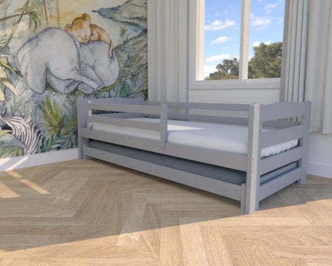 łóżko dziecięce Sara Low, niskie łóżko dla dwulatka, popielate łózko podwójne, wysuwane łóżko dla rodzeństwa od Valor Meble.jpg