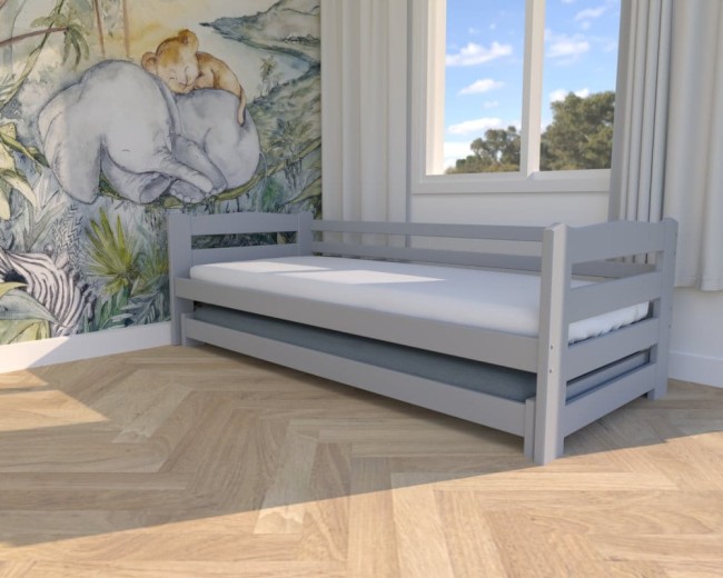 łóżko dziecięce Sara Low, niskie łóżko dla dwulatków, popielate łózko podwójne, wysuwane łóżko dla rodzeństwa od Valor Meble.jpg