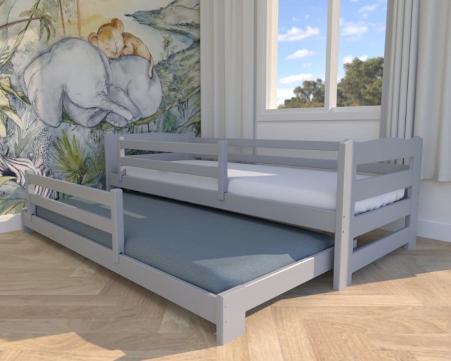 łóżko dziecięce Sara Low,podwójne niskie łóżko dla dwulatka, popielate łózko dwuosobowe, wysuwane łóżko dla rodzeństwa od Valor Meble.jpg