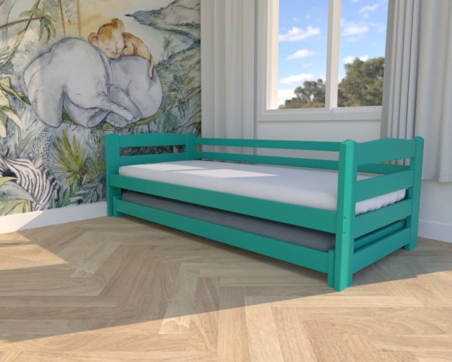 łóżko dziecięce Sara low w kolorze turkusowym, niskie łóżko dla dwulatków, rozsuwane wspólne łóżko dla dzieci od producenta Valor Meble.jpg