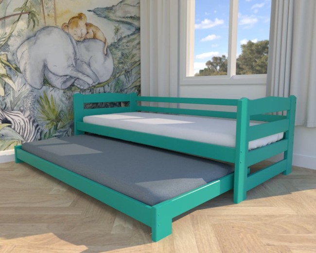 łóżko dziecięce Sara low w kolorze turkusowym, niskie łóżko dla najmłodszych, wysuwane wspólne łóżko dla dzieci od producenta Valor Meble.jpg