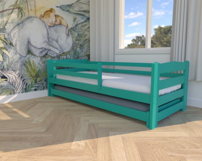 łóżko dziecięce Sara low, drewniane  w kolorze turkusowym, niskie łóżko dla najmłodszych, rozsuwane wspólne łóżko dla dzieci od producenta Valor Meble.jpg