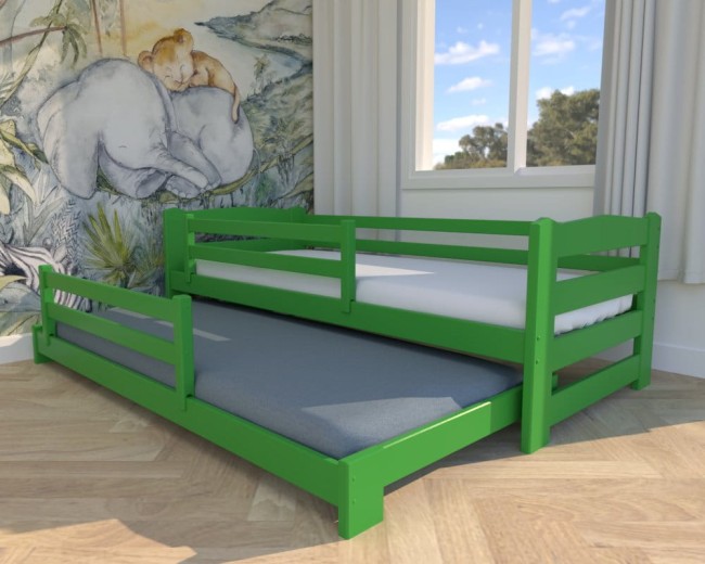 łóżko dziecięce Sara Low, drewniane łóżeczko rozsuwane dla dwulatków, łóżko z barierkami wspólne łóżko, dla rodzeństwa od producenta Valor Meble.jpg