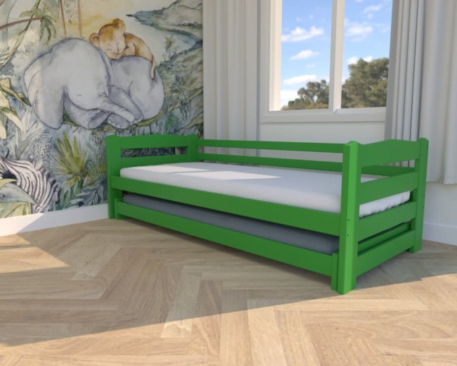 zielone łóżko dziecięce Sara Low, drewniane łóżeczko rozsuwane dla dwulatków, łóżko z barierkami od producenta Valor Meble.jpg