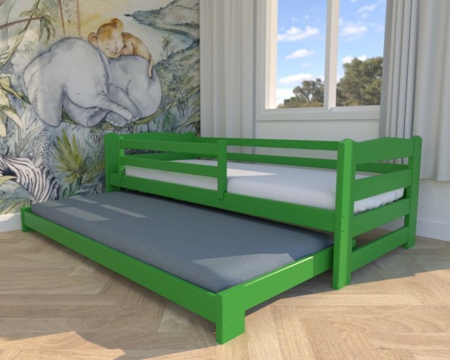 zielony łóżko dziecięce Sara Low, drewniane łóżeczko rozsuwane dla dwulatków, łóżko z barierkami wspólne łóżko dla rodzeństwa od producenta Valor Meble.jpg