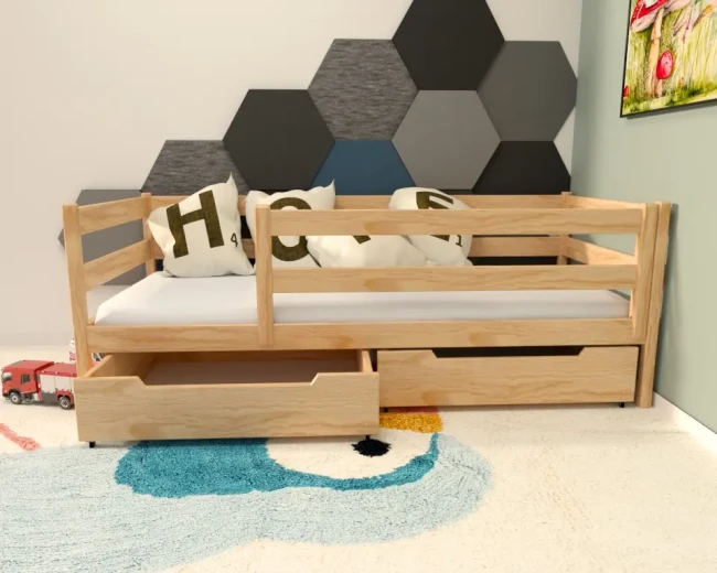 lozko dzieciece z barierka i szufladami czarek.webp