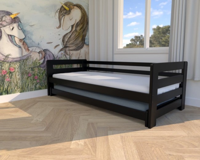 czarne łóżko dziecięce Jasio Low, niskie  podwójne łóżeczko dla bliźniąt, dla rodzeństwa, solidne, wytrzymałe łóżko dla chłopców od Valor Meble.jpg