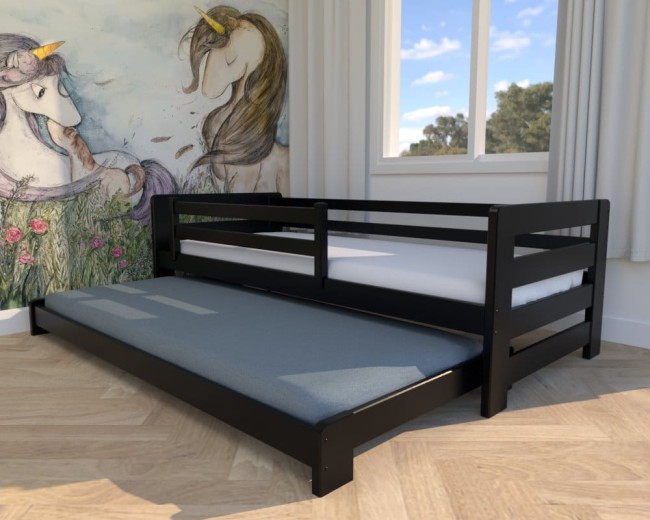 czarne łóżko dziecięce Jasio Low, niskie łóżeczko dla bliźniąt, dla rodzeństwa, solidne, wytrzymałe łóżko dla chłopców od Valor Meble.jpg
