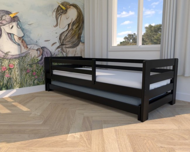 czarne łóżko dziecięce Jasio Low, niskie rozsuwane łóżeczko dla bliźniąt, dla rodzeństwa, solidne, wytrzymałe łóżko dla chłopców od Valor Meble.jpg