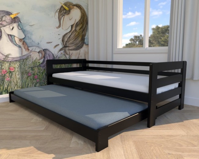 czarne łóżko dziecięce Jasio Low, niskie wysuwane  łóżeczko dla bliźniąt, dla rodzeństwa, solidne, wytrzymałe łóżko dla chłopców od Valor Meble.jpg
