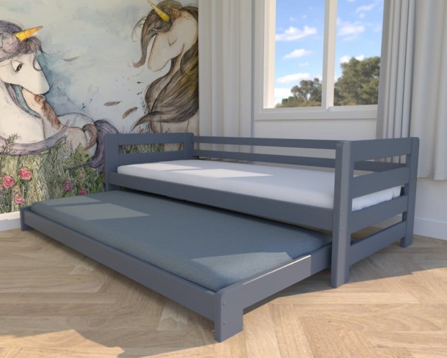 Łóżko rozsuwane dla chłopców dla dzieci Jasio Low , niskie bezpieczne łóżeczko rozsuwane dla rodzeństwa od producenta Valor Meble kolor grafit