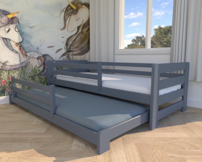 lozeczko dla dzieci Jasio Low , niskie podwójne bezpieczne łóżeczko rozsuwane dla rodzeństwa od producenta Valor Meble kolor grafit.jpg