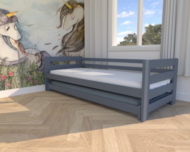 łóżko dla małych dzieci Jasio Low , niskie bezpieczne łóżeczko rozsuwane dla rodzeństwa od producenta Valor Meble kolor grafit.jpg