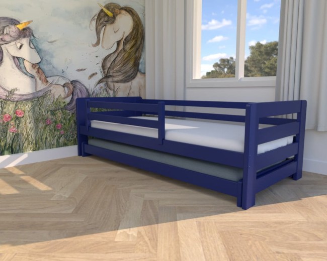 lozeczko dla dzieci Jasio Low , niskie bezpieczne łóżeczko rozsuwane dla rodzeństwa od producenta Valor Meble kolor granatowy.jpg