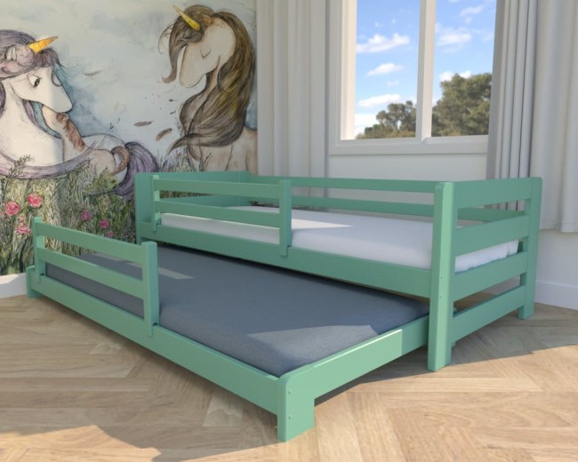 lozeczko dla dzieci Jasio Low , niskie bezpieczne łóżeczko wysuwane podwójne  dla rodzeństwa od producenta Valor Meble kolor mięta.jpg