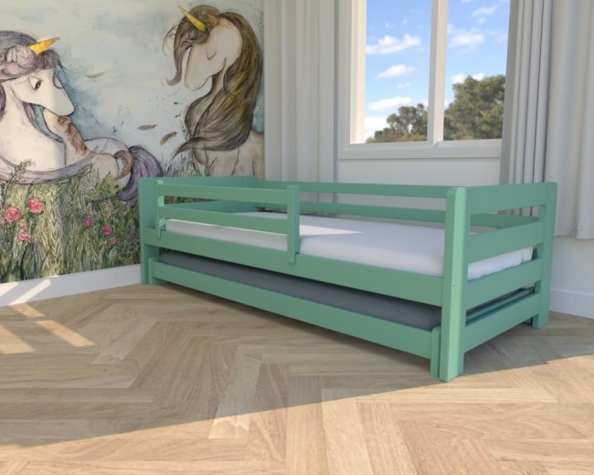 lozeczko dla dzieci Jasio Low , niskie bezpieczne łóżeczko wysuwane podwójne z barierkami  dla rodzeństwa od producenta Valor Meble kolor mietowy.jpg