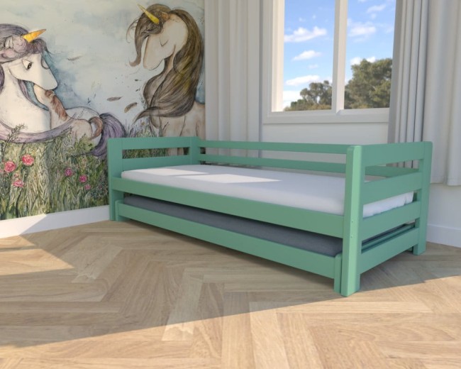 lozeczko dla dzieci Jasio Low , niskie bezpieczne łóżeczko wysuwane, podwójne  dla rodzeństwa od producenta Valor Meble kolor mietowy.jpg