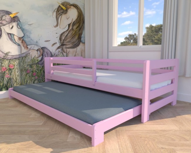 lozeczko dla dzieci Jasio Low , niskie bezpieczne łóżeczko wysuwane podwójne  dla rodzeństwa od producenta Valor Meble kolor pastelowy róż.jpg