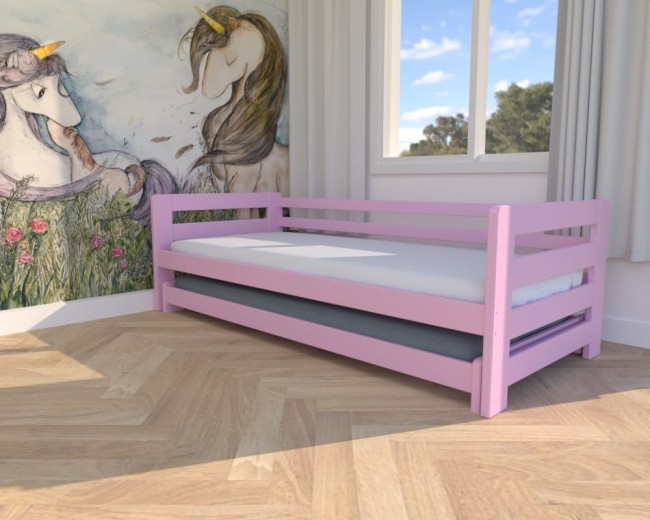 lozeczko dla dzieci Jasio Low , niskie bezpieczne łóżeczko wysuwane podwójne  dla rodzeństwa od producenta Valor Meble kolor pudrowy róż.jpg