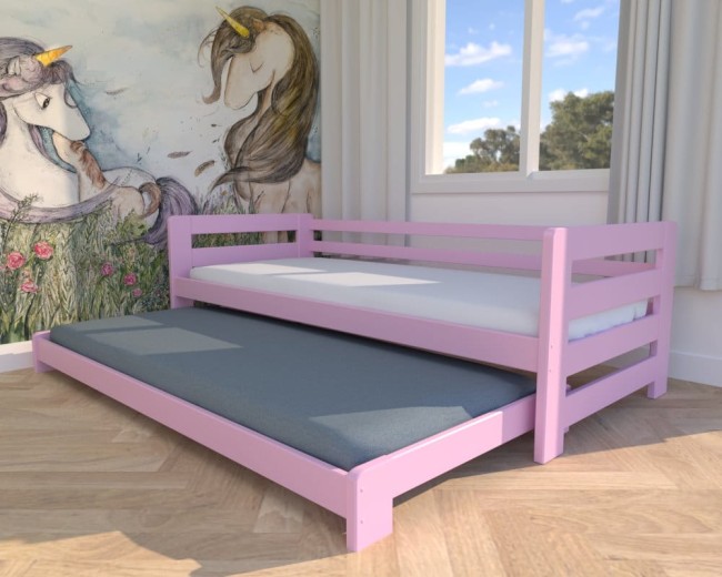 różowe lozeczko dla dzieci Jasio Low, niskie bezpieczne łóżeczko wysuwane podwójne dla rodzeństwa od producenta Valor Meble kolor.jpg