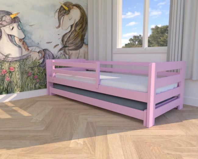 różowe lozeczko dla małej dziewczynki Jasio Low , niskie bezpieczne łóżeczko wysuwane podwójne  dla rodzeństwa od producenta Valor Meble.jpg