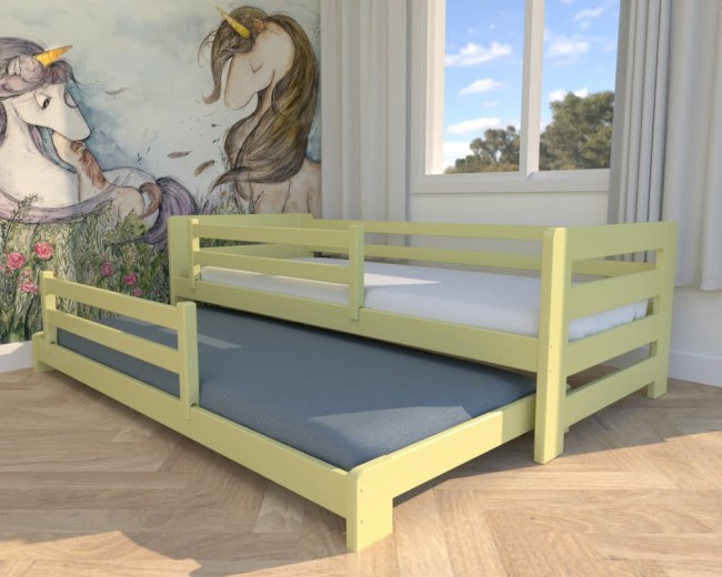 lozeczko dla dzieci Jasio Low , niskie bezpieczne łóżeczko wysuwane podwójne  dla rodzeństwa od producenta Valor Meble kolor pastelowy żółty.jpg