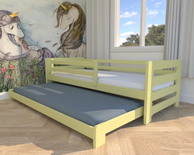 lozeczko dla dzieci Jasio Low , niskie bezpieczne łóżeczko wysuwane podwójne  dla rodzeństwa od producenta Valor Meblew  kolorze pastelowy żółty.jpg