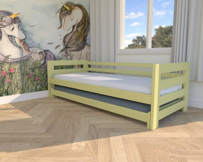 lozeczko dla dzieci Jasio Low,niskie bezpieczne łóżeczko z barierkami, wysuwane podwójne  dla rodzeństwa od producenta Valor Meble kolor pastelowy żółty.jpg