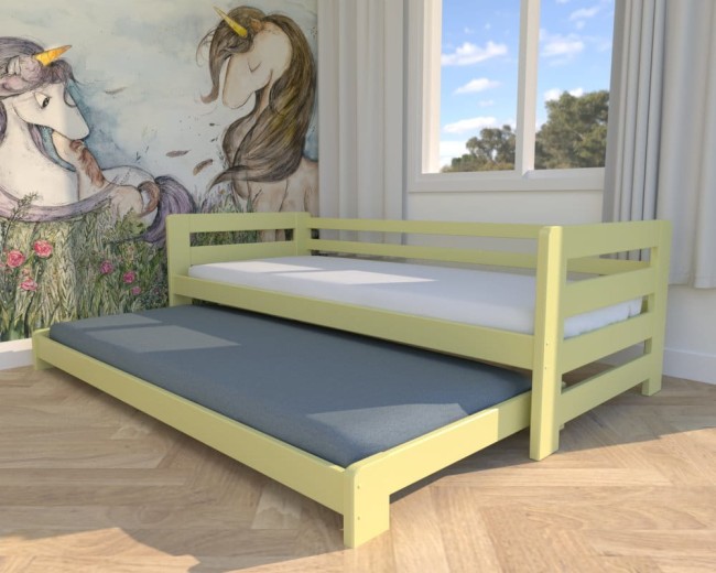 żółte lozeczko dla dzieci Jasio Low , niskie bezpieczne łóżeczko wysuwane podwójne  dla rodzeństwa od producenta Valor Meble kolor.jpg