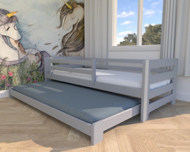 lozeczko dla dzieci Jasio Low,niskie bezpieczne łóżeczko wysuwane podwójne  z barierkami,dla rodzeństwa od producenta Valor Meble kolor popiel.jpg