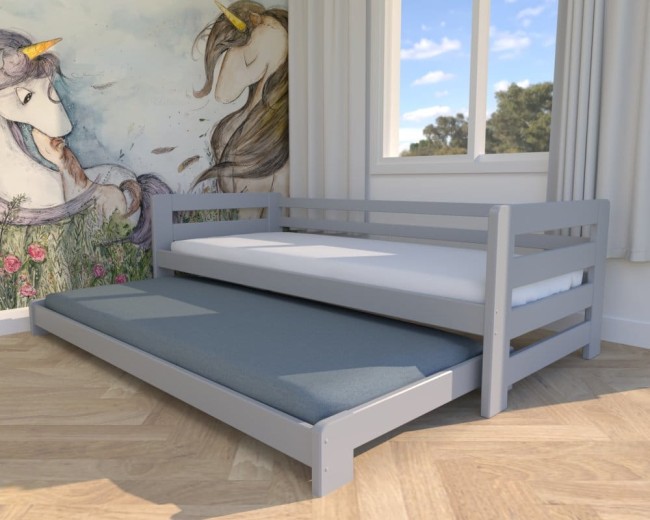 lozeczko dla dzieci Jasio Low,niskie bezpieczne łóżeczko wysuwane podwójne  z barierkami,dla rodzeństwa od producenta Valor Meble kolor popielaty.jpg