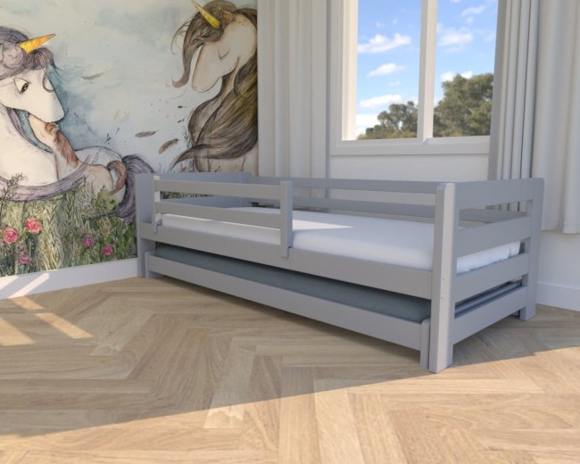 łóżko dla dzieci Jasio Low,niskie bezpieczne łóżeczko wysuwane podwójne  z barierkami,dla rodzeństwa od producenta Valor Meble kolor popiel.jpg