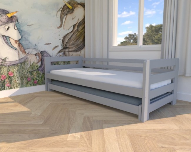 popielate lozeczko dla dzieci Jasio Low,niskie bezpieczne łóżeczko wysuwane podwójne  z barierkami,dla rodzeństwa od producenta Valor Meble.jpg