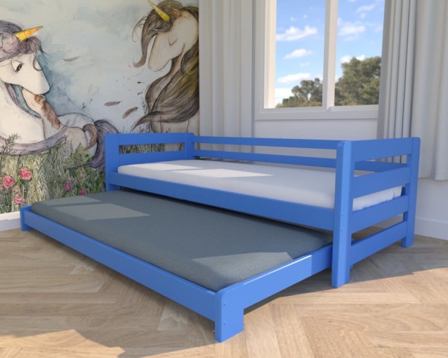łóżko dla dzieci Jasio Low, niskie łóżko podwójne,bezpieczne łóżeczko dla chłopców wysuwane łóżko podwójne dla najmłodszych od Valor niebieskie.jpg